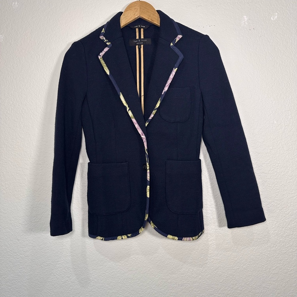 Rag & Bone Navy Blue 100% Merino Wool Knit Floral Trim Blazer Jacket Womens S